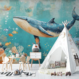 Underwater Whale Mural brightening a kid's bedroom with marine theme decor
