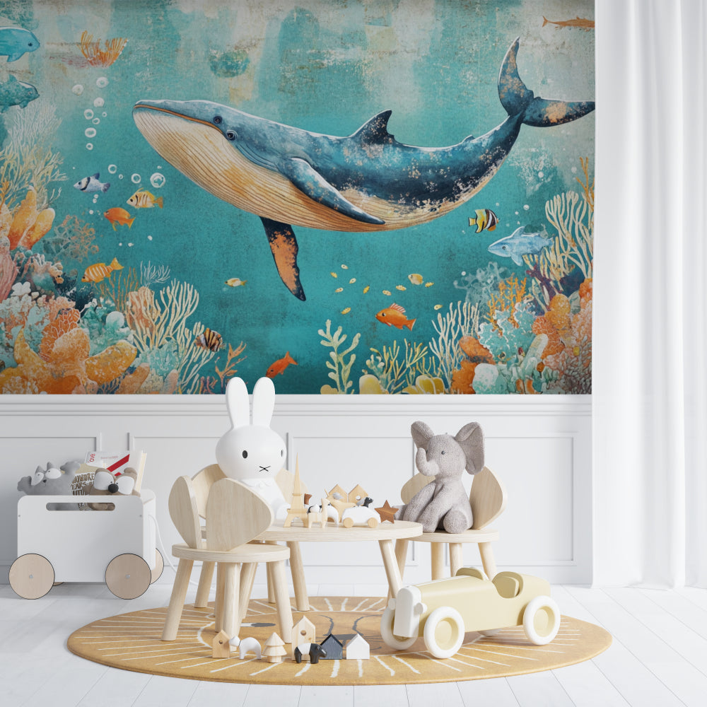 Ocean Life Wallpaper making a statement in a coastal-style dining room
