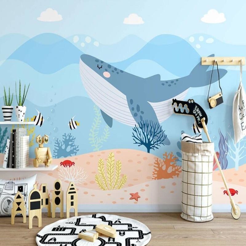 Marine life wallpaper displayed in bright kids bedroom with reading nook
