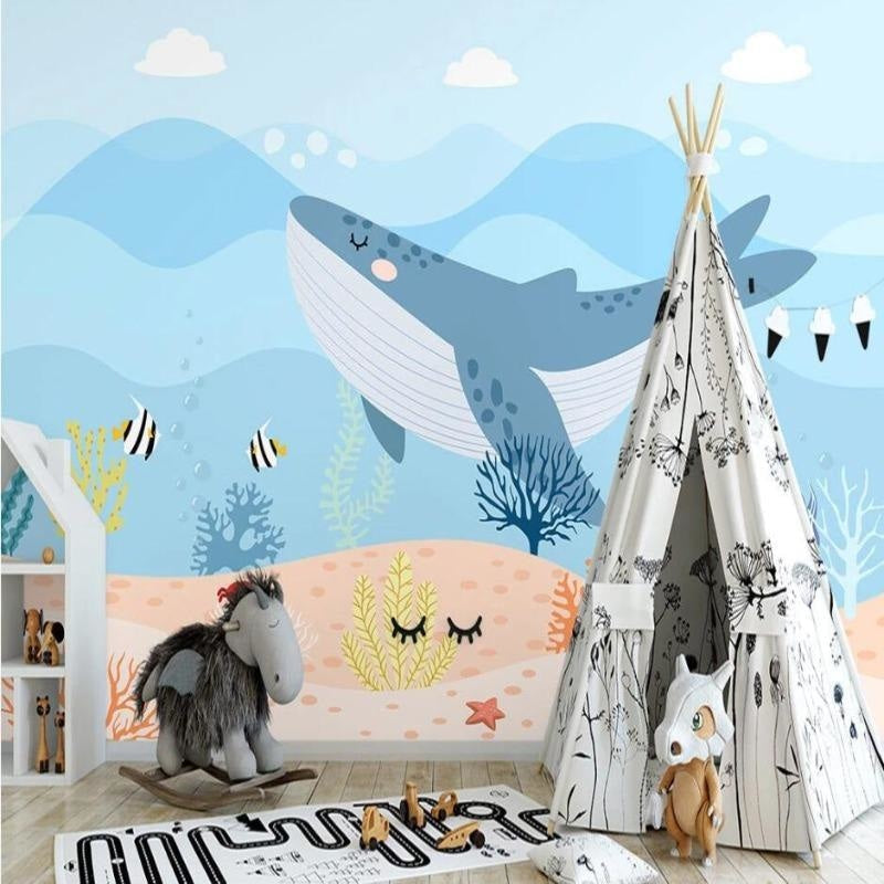 Underwater whale mural in modern playroom showing full wall application