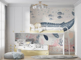 Marine life wallpaper bringing ocean vibes to a playroom setting
