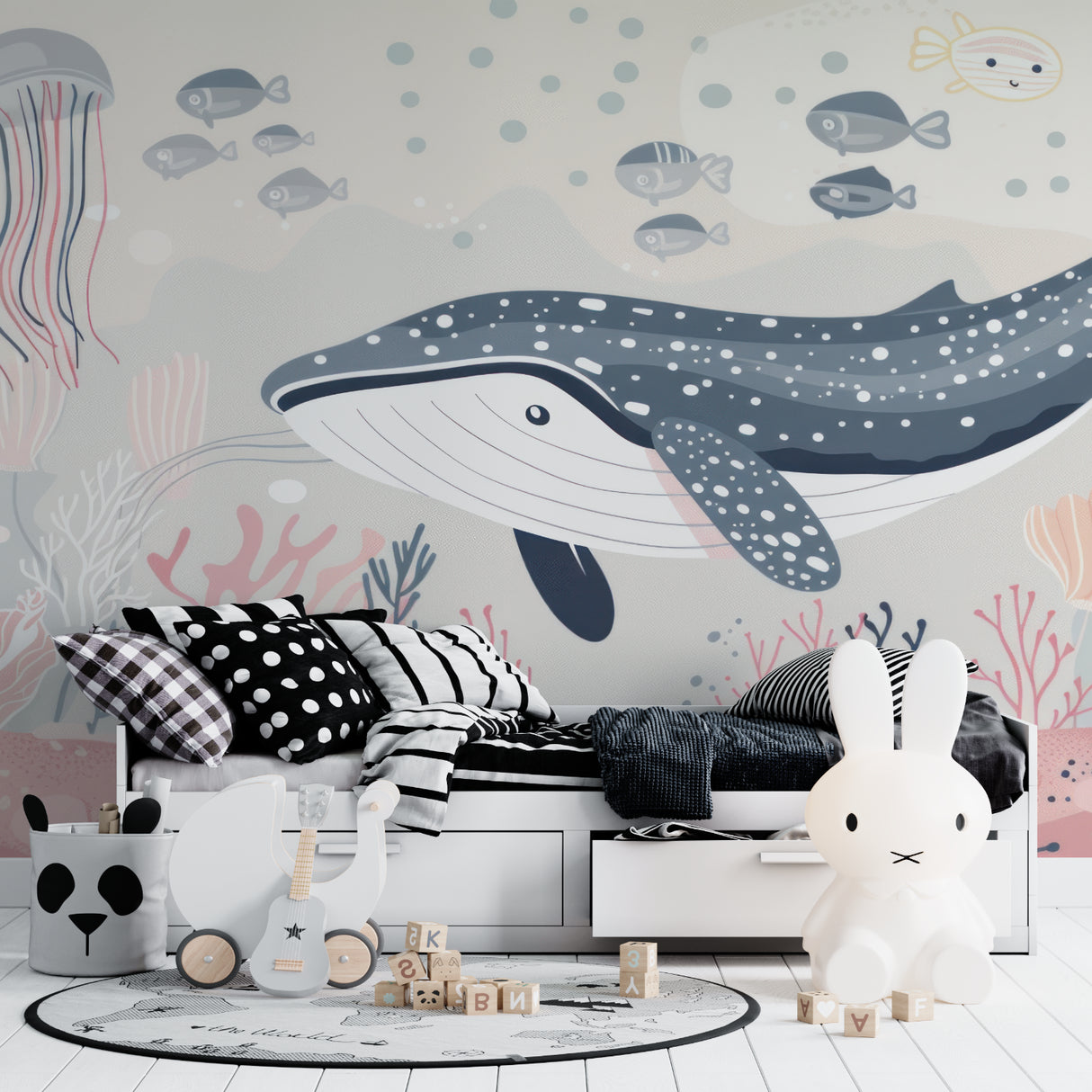 Ocean mural wallpaper displayed in a modern bathroom setting