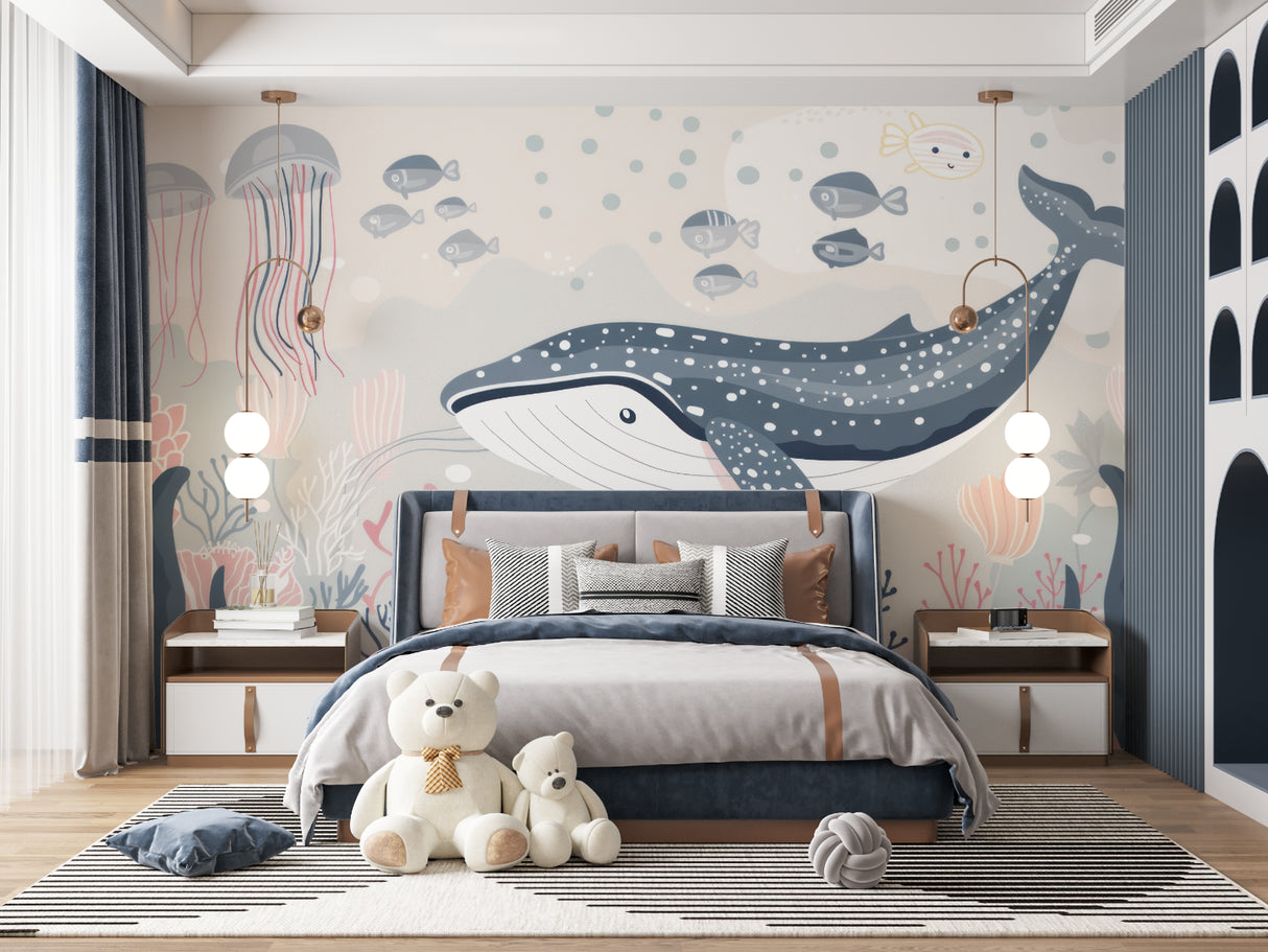 Underwater theme wallpaper enhancing a cozy reading nook
