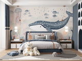 Underwater theme wallpaper enhancing a cozy reading nook