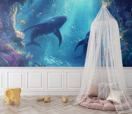 Ocean wallpaper mural with whales shown in modern living room with blue sofa and natural light