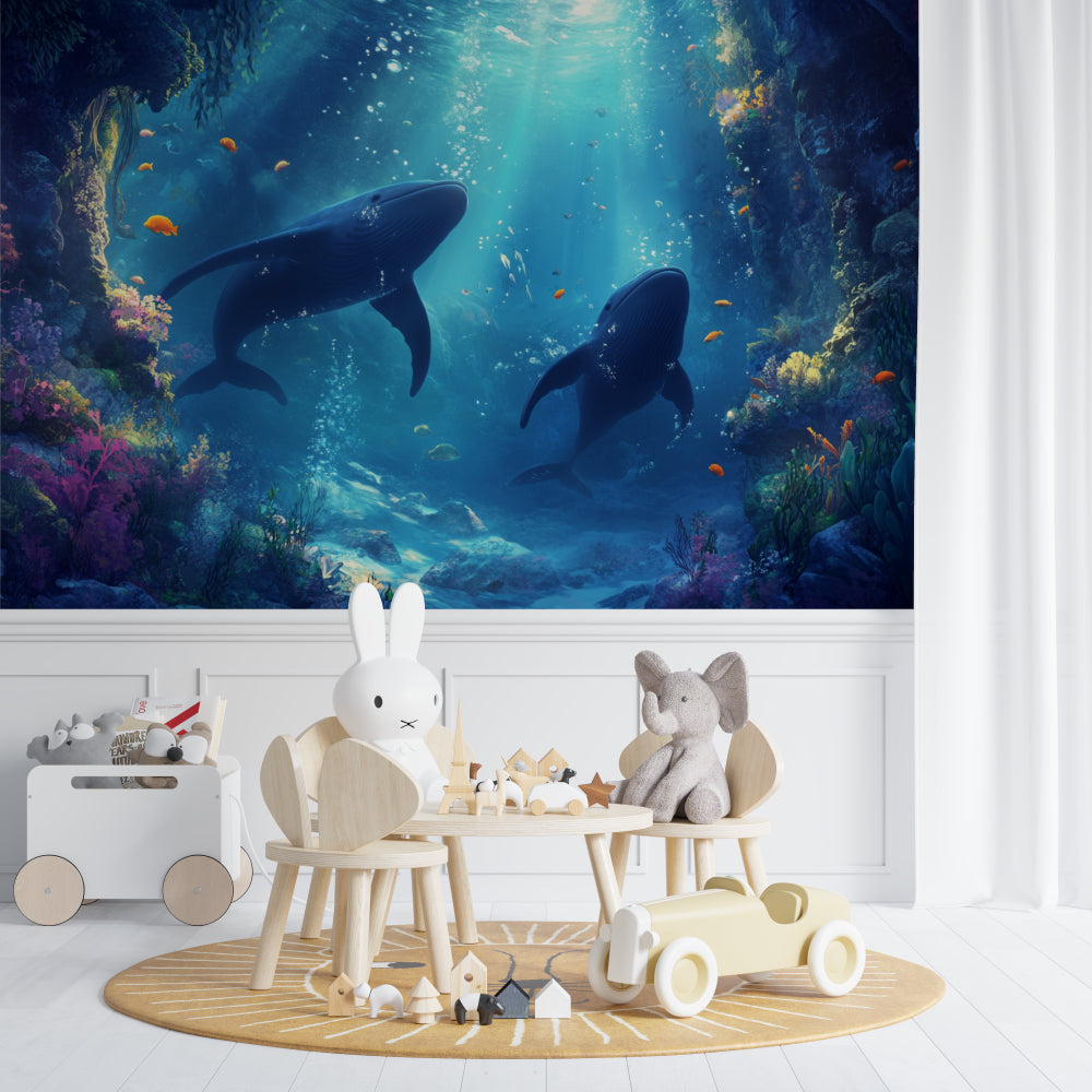 Whale wall mural displayed in child's bedroom with white furniture