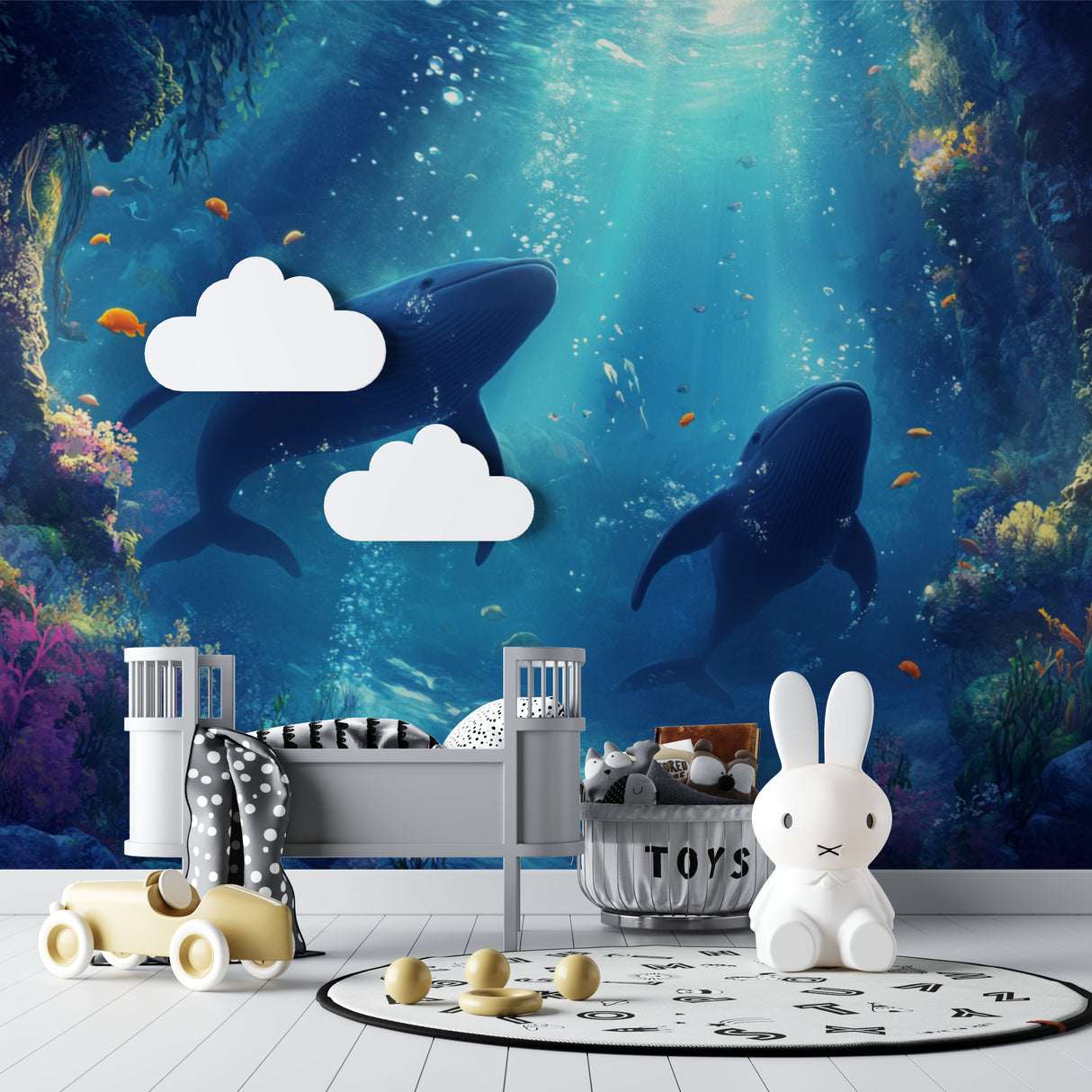Underwater scene wallpaper creating calming atmosphere in master bedroom