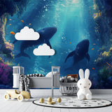 Underwater scene wallpaper creating calming atmosphere in master bedroom