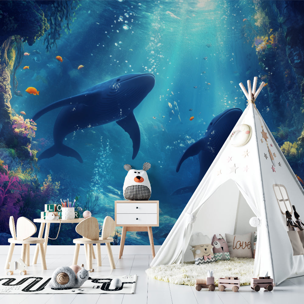 Ocean mural wallpaper transforming bathroom into underwater sanctuary