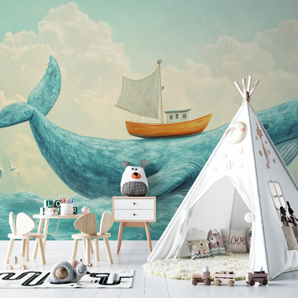 Whale wall mural creating a magical atmosphere in a kids playroom with reading nook