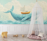Maritime themed wallpaper in a modern bedroom showing scale and color harmony