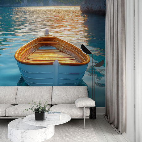 Ocean scenery wallpaper with wooden boat creating a peaceful atmosphere in a modern living room with natural light