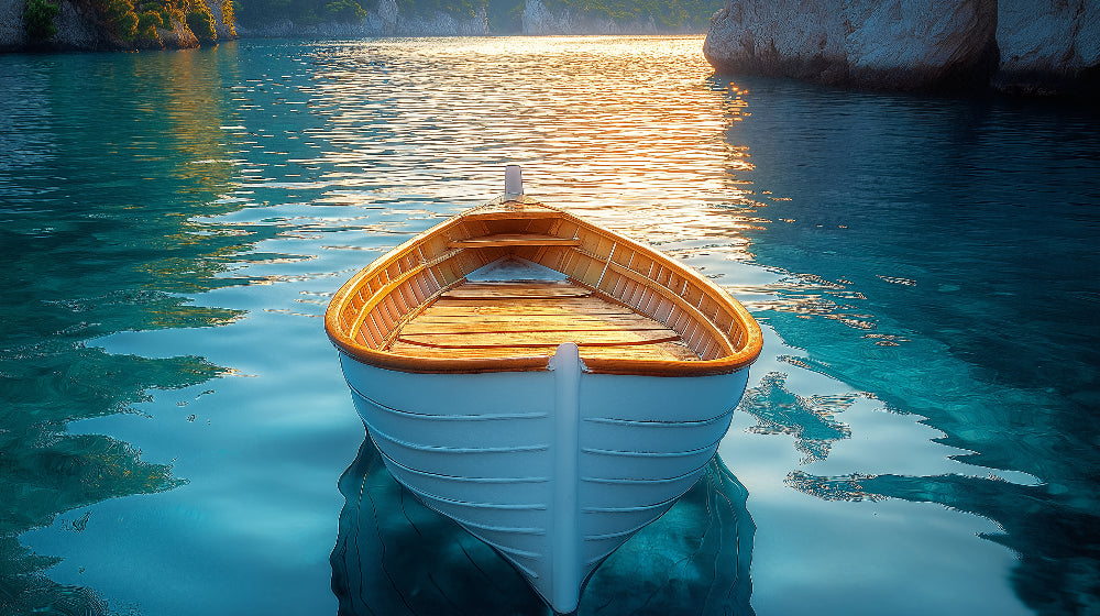 Ocean wallpaper design file showing detailed wooden boat at sunset with turquoise waters