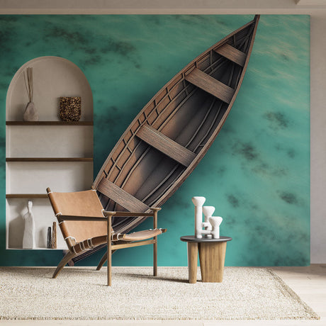 Nautical wallpaper mural showcasing wooden boat design in bright modern living room with coastal decor