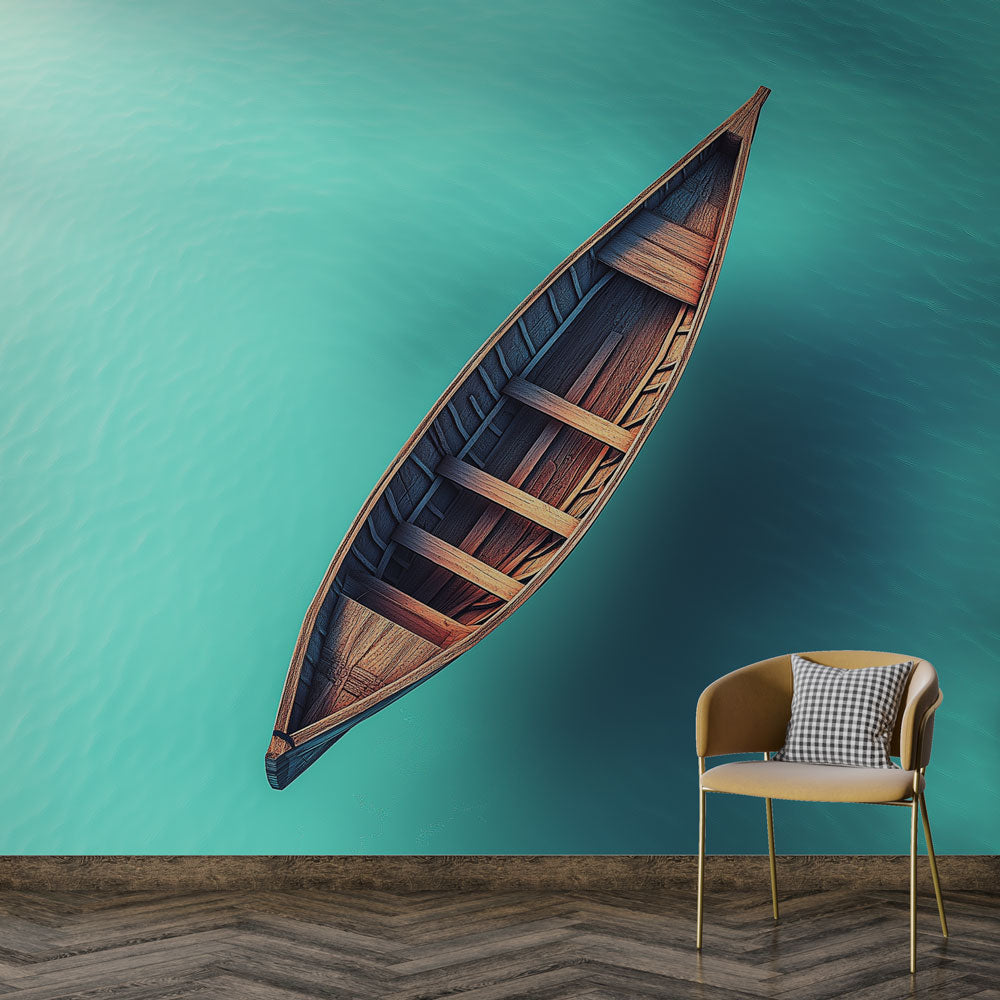 Ocean theme wallpaper featuring wooden canoe shown in bright modern living room with natural light and coastal decor