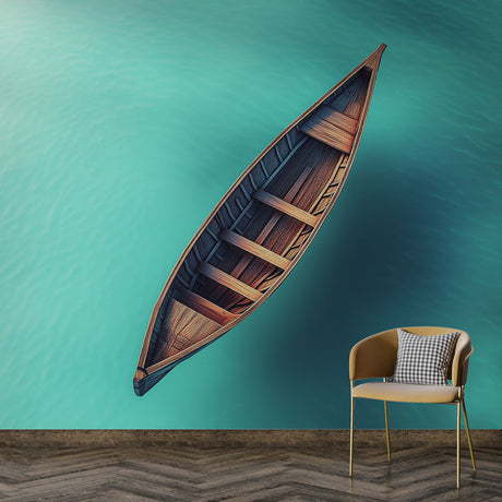 Ocean theme wallpaper featuring wooden canoe shown in bright modern living room with natural light and coastal decor