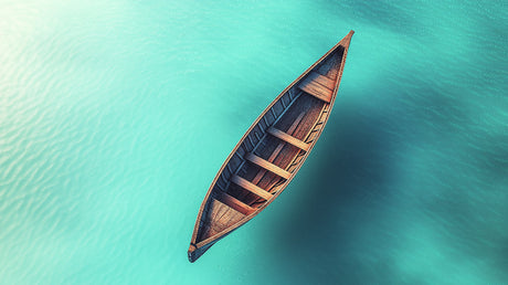 Ocean mural wallpaper design file showing detailed wooden canoe floating on crystal turquoise waters