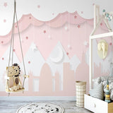Panoramic window wallpaper in master bedroom showing ocean sunset vista and window frame effect