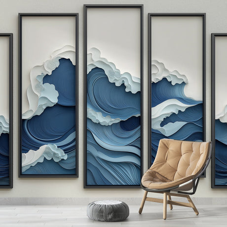 Ocean Wave Mural Wallpaper creating a stunning focal point in a modern living room with white furniture and natural light