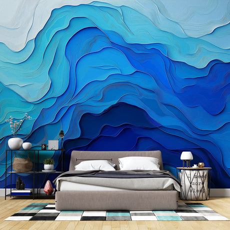Modern living room featuring 3D Ocean Wave Wallpaper creating depth and movement against contemporary furniture