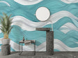 Ocean wave wallpaper creating a serene atmosphere in a modern living room with white furniture