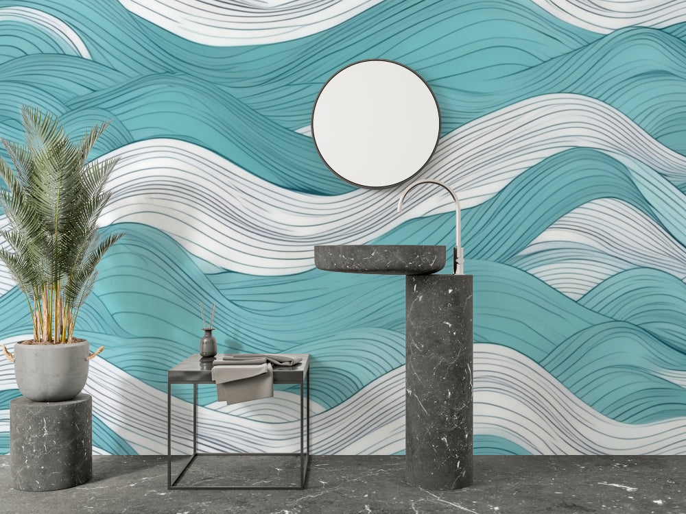 Ocean wave wallpaper creating a serene atmosphere in a modern living room with white furniture