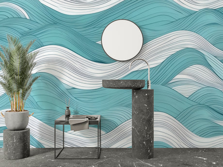 Ocean wave wallpaper creating a serene atmosphere in a modern living room with white furniture