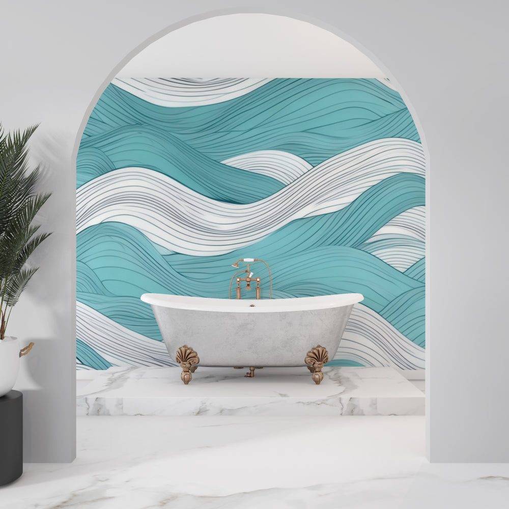 Turquoise wave pattern mural in a coastal-style bedroom with natural light
