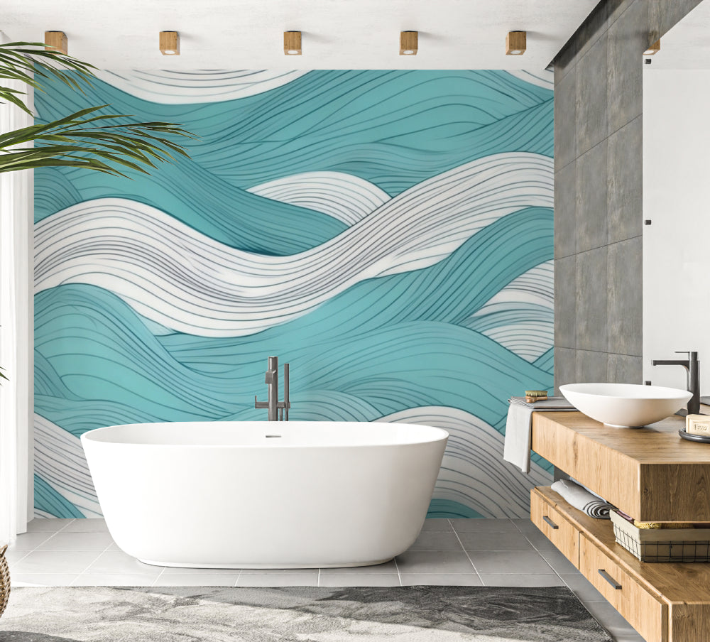 Abstract wave wallpaper bringing movement to a minimalist bathroom design