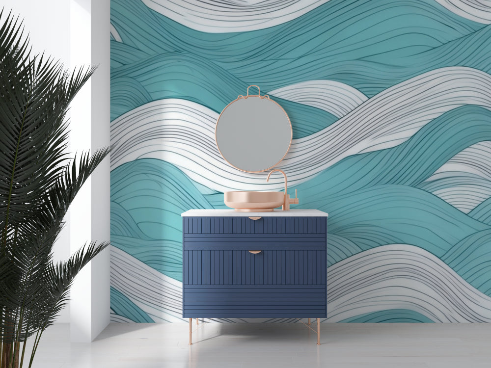 Wave pattern mural creating depth in a contemporary home office space