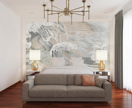 Japanese wave mural in modern living room showing gentle grey waves flowing across feature wall