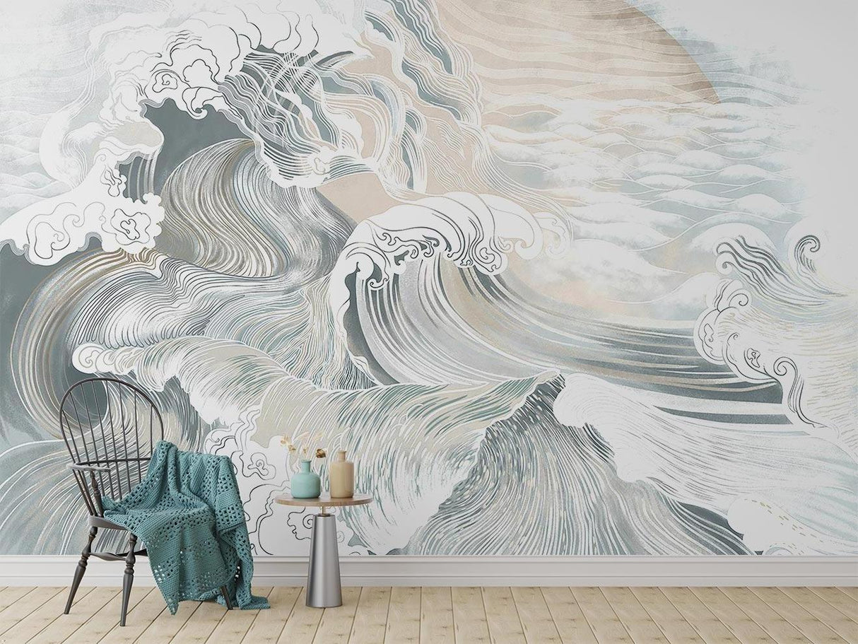 Ocean wave wallpaper in minimalist bedroom creating serene coastal atmosphere