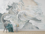 Ocean wave wallpaper in minimalist bedroom creating serene coastal atmosphere