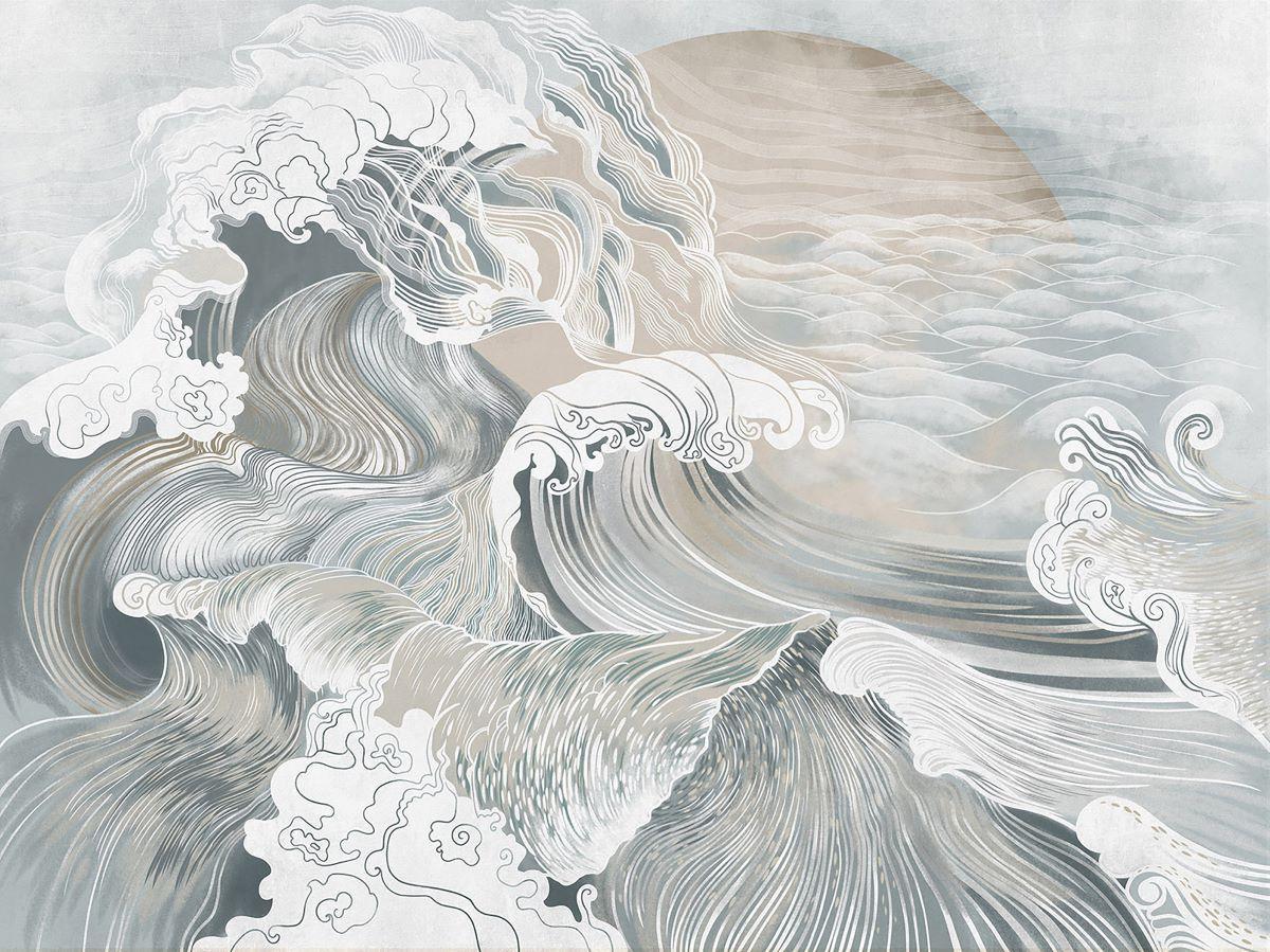 Design file of Japanese wave pattern showing intricate details and fluid movement in grey and beige tones