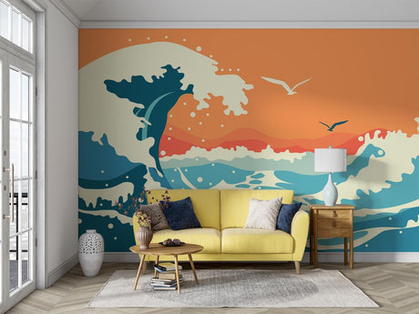 Ocean Wave Mural in modern living room showing Japanese art style waves against orange sunset