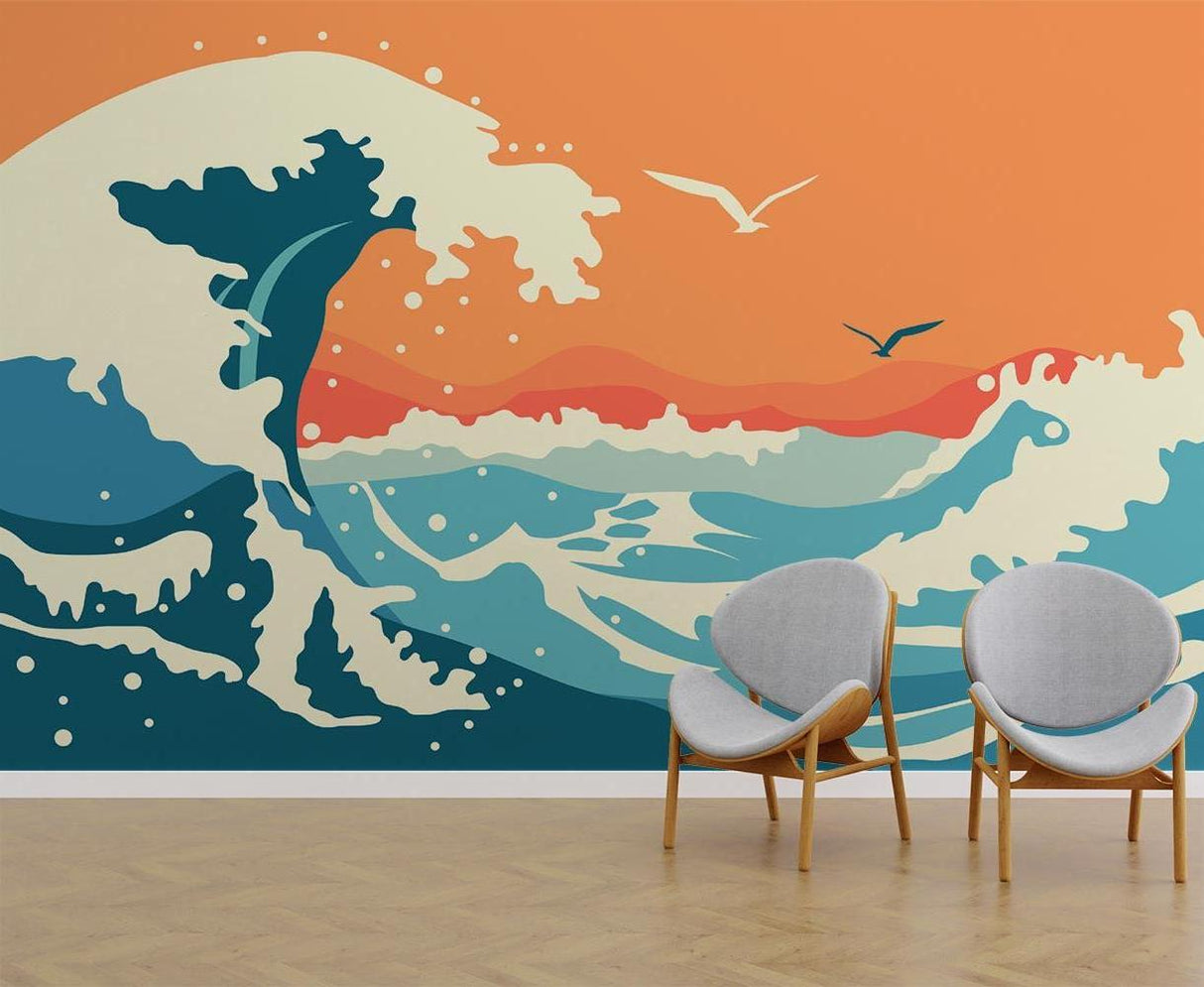 Japanese Wave Wallpaper creating dramatic accent wall in coastal style bedroom