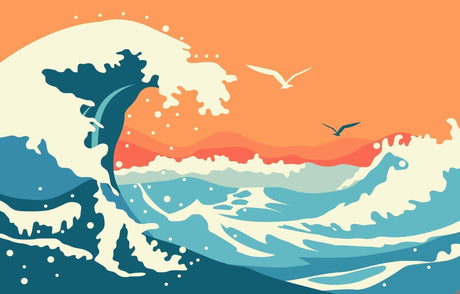 Ocean Wave Wallpaper design file showing detailed Japanese art style waves and sunset pattern