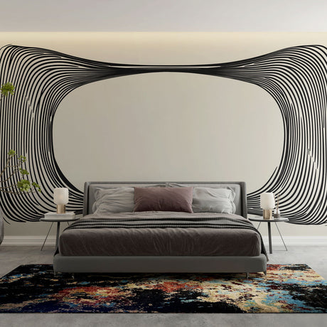 Modern office space featuring a striking Optical Illusion wallpaper with black curved lines creating depth on white background