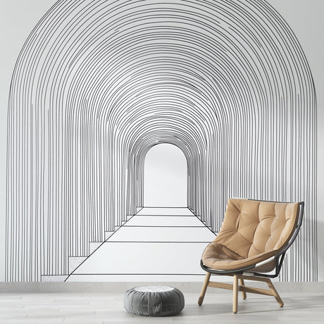 Modern living room with striking Optical Illusion Tunnel Wallpaper creating depth behind minimalist furniture