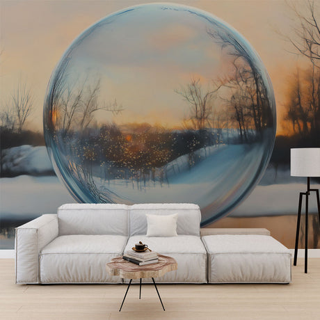 Optical illusion sphere wallpaper creating depth in a modern living room with winter sunset colors reflecting off white furniture