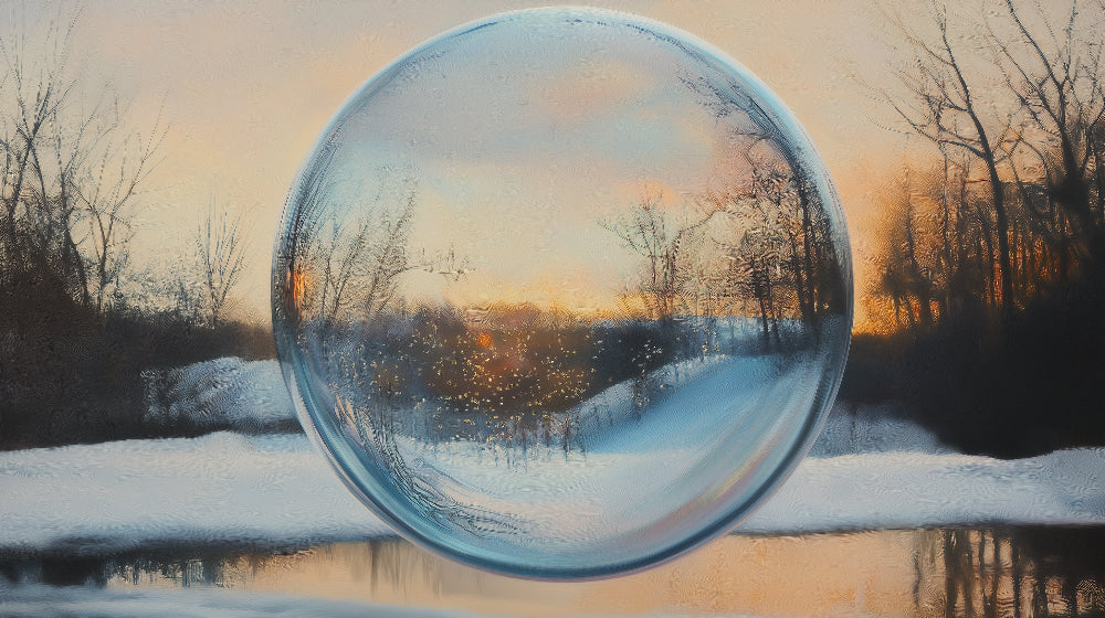 Winter sunset glass sphere design file showing detailed optical illusion pattern with pristine snow and bare trees