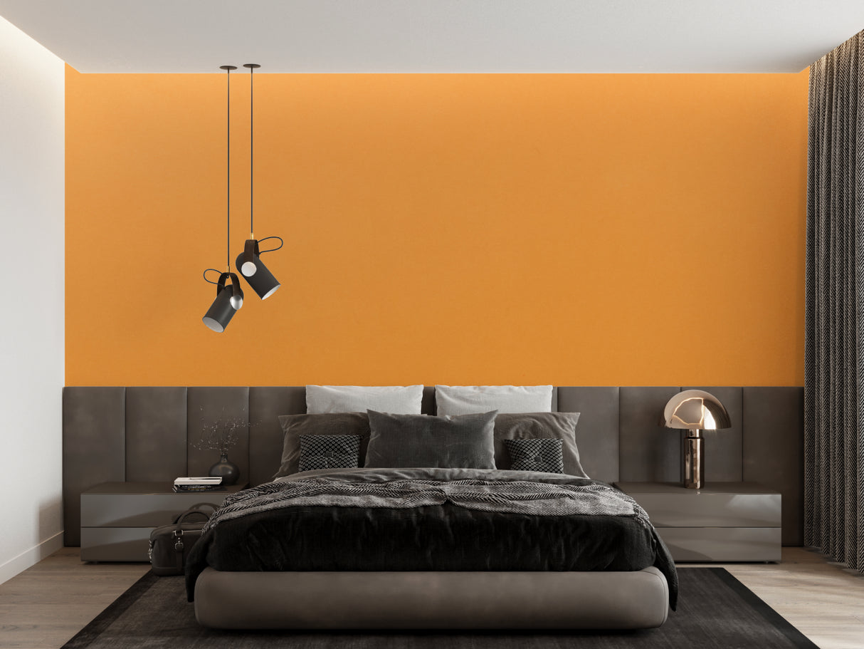 Terracotta orange wallpaper in sunny kitchen space with white cabinets