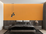 Terracotta orange wallpaper in sunny kitchen space with white cabinets
