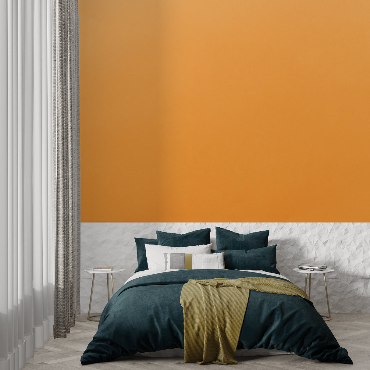 Contemporary bedroom with orange wall mural creating cozy atmosphere