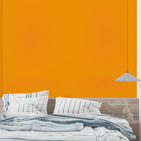 Orange wall mural bringing warmth to a modern living room with grey sofa and natural light