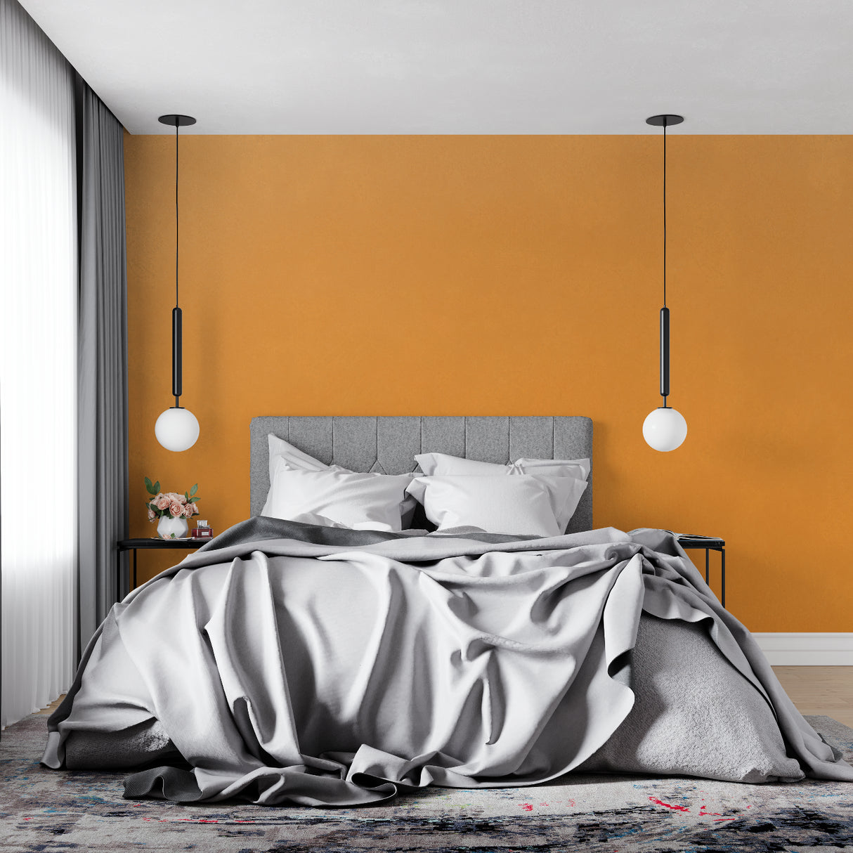 Modern orange accent wall mural in bright living room with minimalist furniture