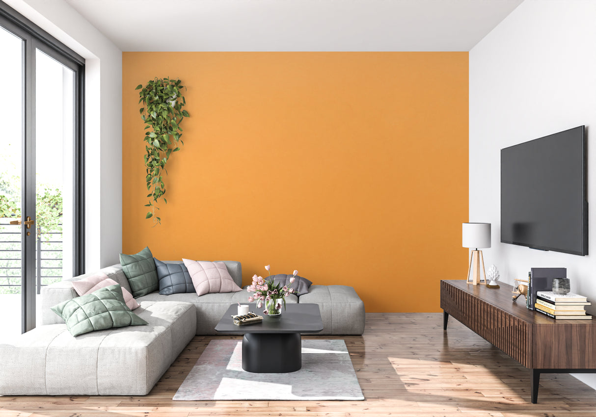 Orange solid color wallpaper in modern bedroom setting
