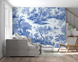 Oriental garden wallpaper in bright modern dining room showing blue and white Chinese design