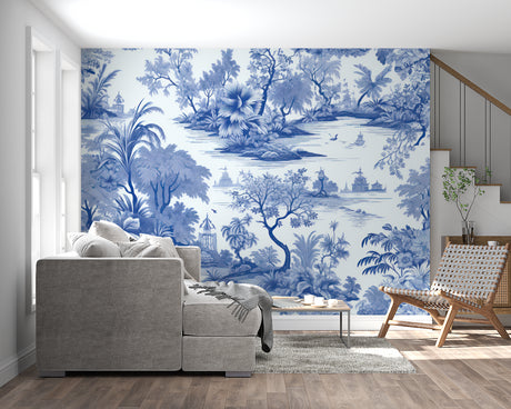 Oriental garden wallpaper in bright modern dining room showing blue and white Chinese design