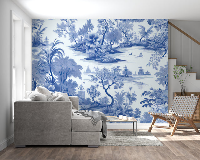 Oriental garden wallpaper in bright modern dining room showing blue and white Chinese design